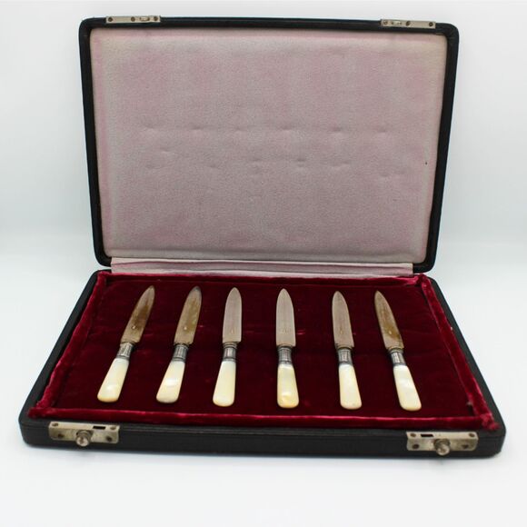 Antique EPNS Nickel Silver Knife Mother of Pearl Handles Original Box Set of 6